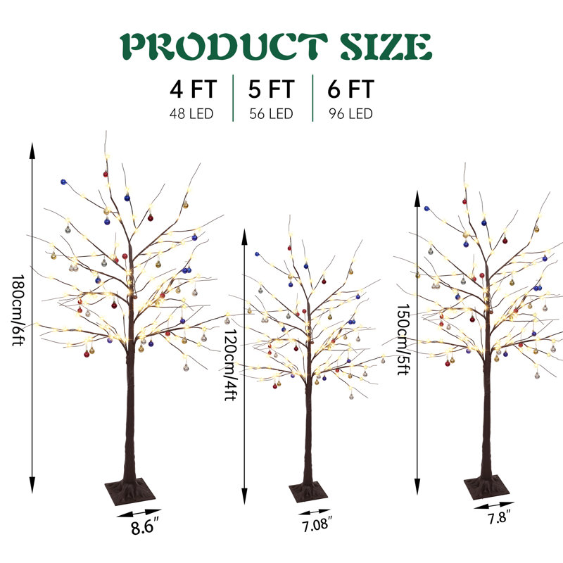 3 Piece Lighted Birch Tree Set With Cherry Blossom And Christmas Balls 4FT 5FT And 6FT LED Artificial Christmas Tree For Decoration Indoor And